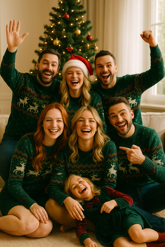 Famille avec pulls de Noël matchy - Tenue de Noël Famille : L’esprit des fêtes à coordonner pour tous